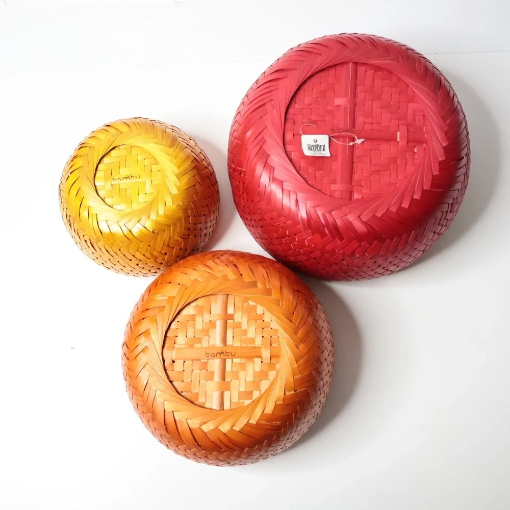 NEW Crate & Barrel Bambu Nesting Baskets Set of 3 Red Orange Yellow Woven Bamboo
